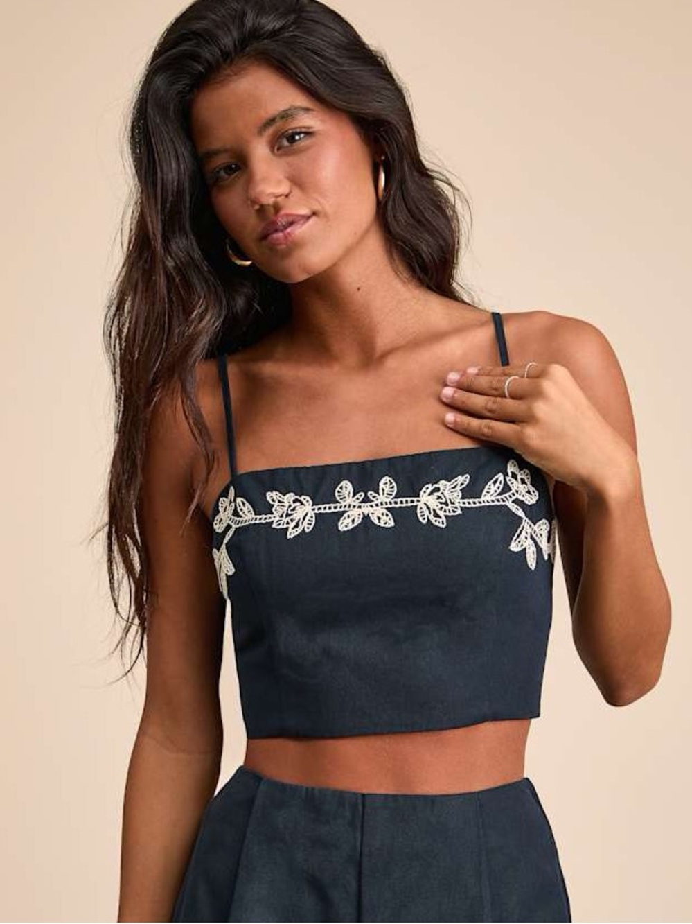 Lulu’s Embroidered Navy Crop Tank Top